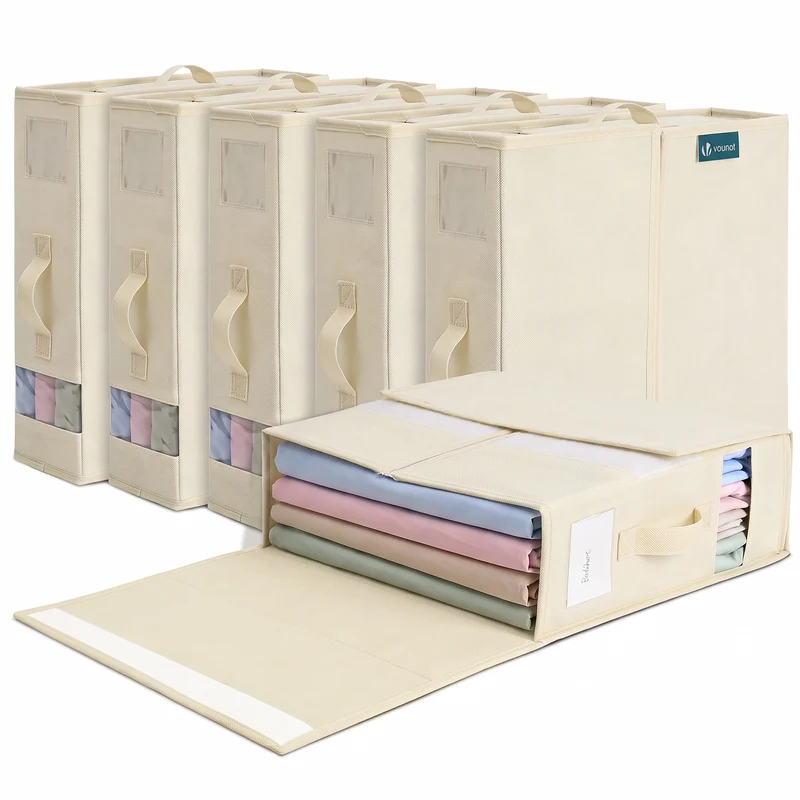 Lot de 6 Sacs de Rangement Drap de Lit Pliable 38,5x33x12cm Beige