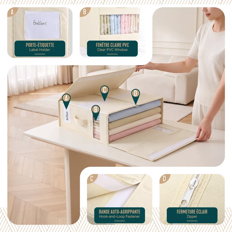 Lot de 3 Sacs de Rangement Drap de Lit Pliable 38,5x33x12cm Beige