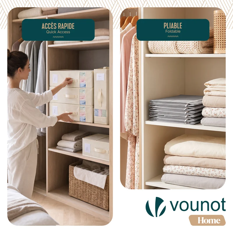 Lot de 3 Sacs de Rangement Drap de Lit Pliable 38,5x33x12cm Beige