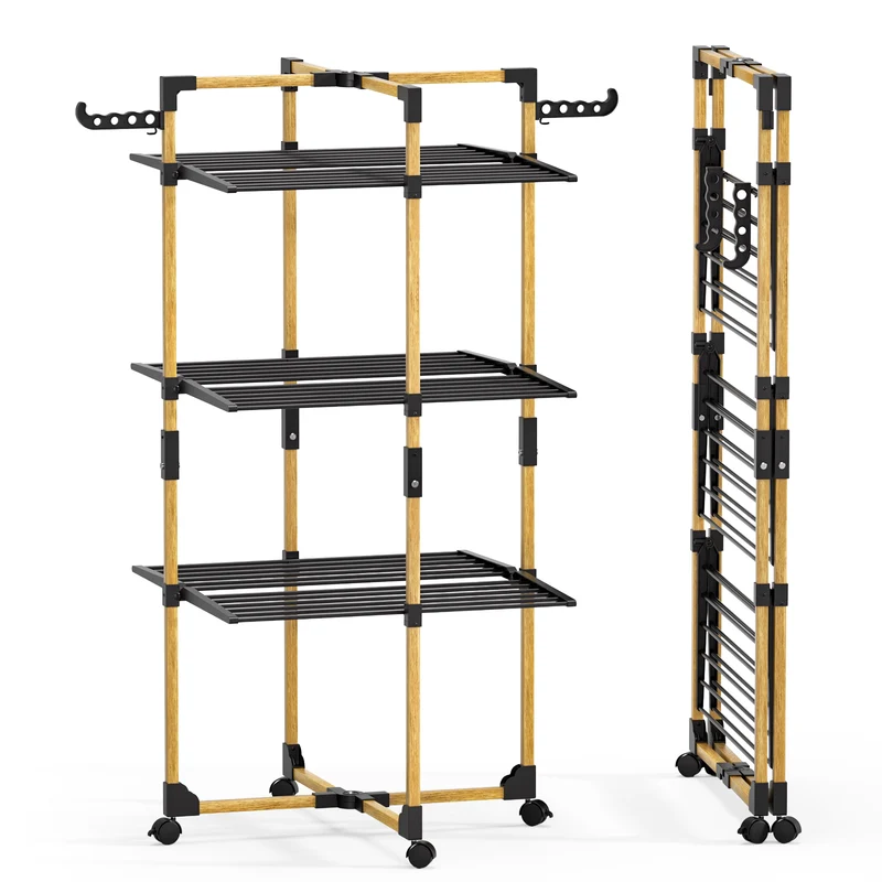 Sechoir a linge vertical tour etendoir pliable 3 niveaux 99x69x135.5 cm style bois noir