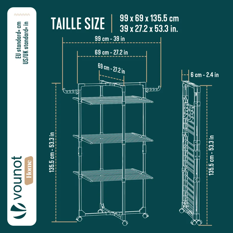 Sechoir a linge vertical tour etendoir pliable 3 niveaux 99x69x135.5 cm style bois blanc