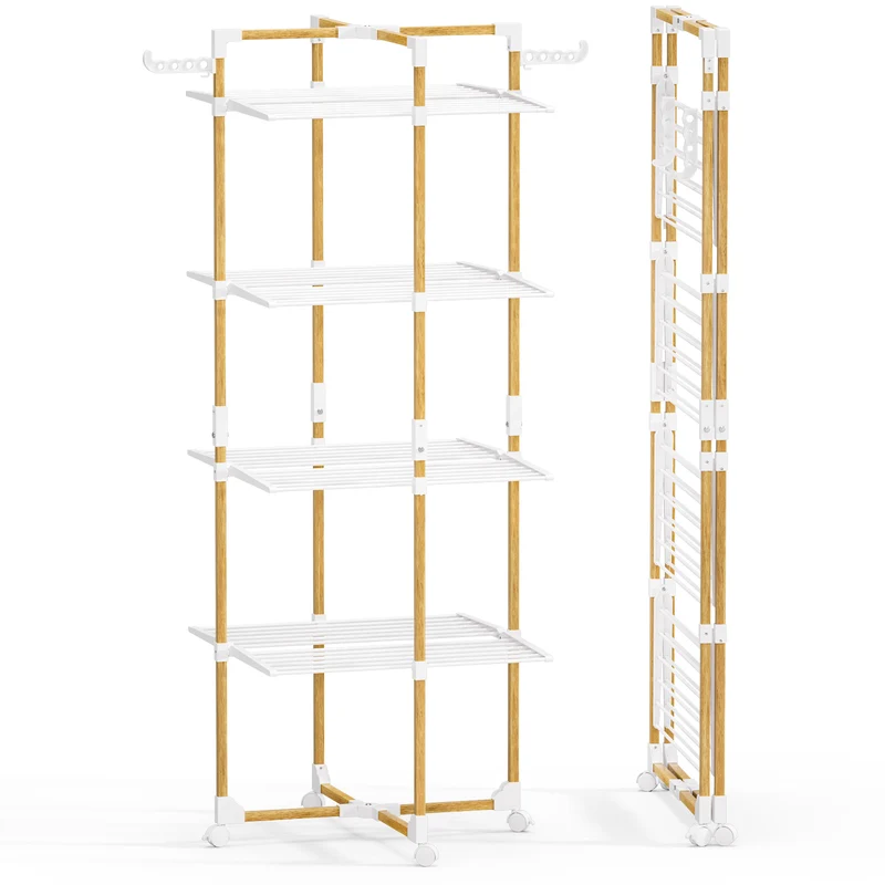 Sechoir a linge vertical tour etendoir pliable 4 niveaux 99x69x175.5 cm style bois blanc