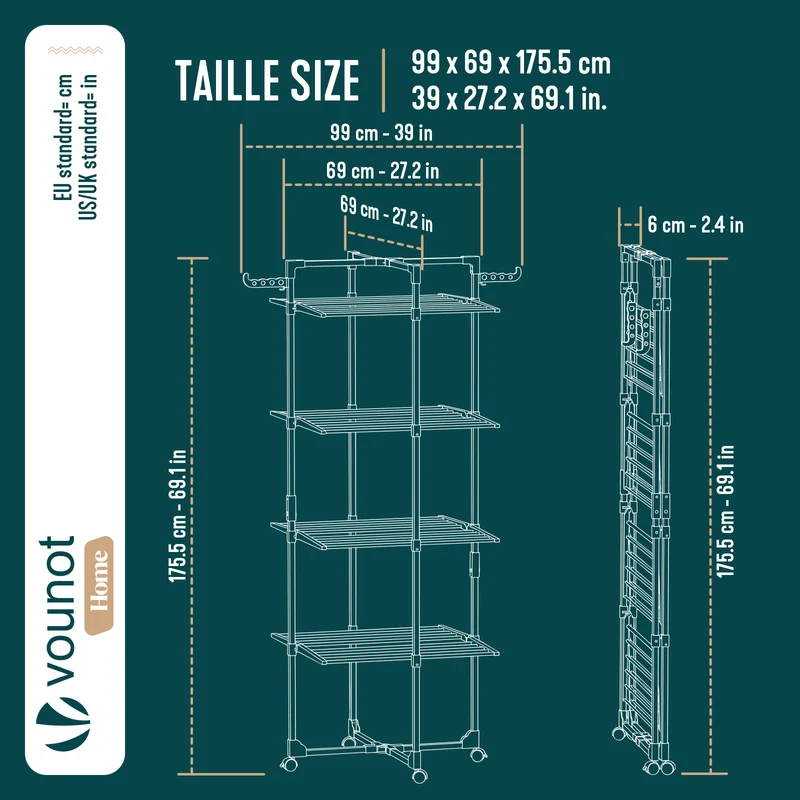 Sechoir a linge vertical tour etendoir pliable 4 niveaux 99x69x175.5 cm style bois noir