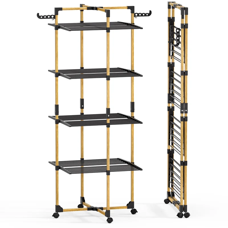 Sechoir a linge vertical tour etendoir pliable 4 niveaux 99x69x175.5 cm style bois noir