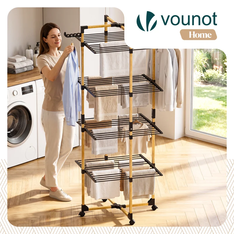 Sechoir a linge vertical tour etendoir pliable 4 niveaux 99x69x175.5 cm style bois noir