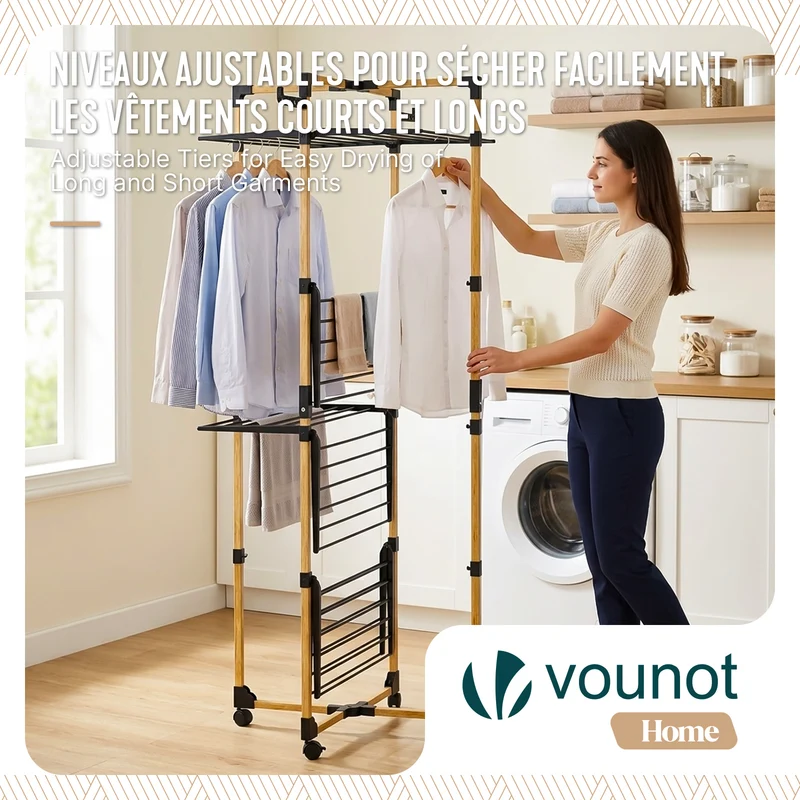 Sechoir a linge vertical tour etendoir pliable 4 niveaux 99x69x175.5 cm style bois noir