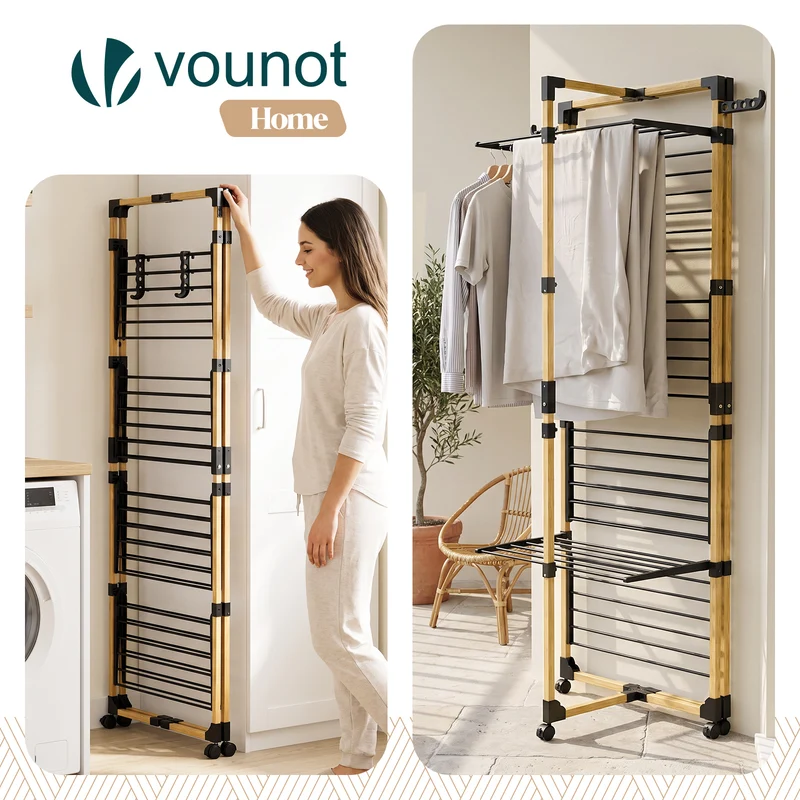 Sechoir a linge vertical tour etendoir pliable 4 niveaux 99x69x175.5 cm style bois noir