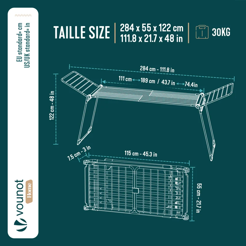 Etendoir a linge telescopique pliable extensible ailes hautes 284x55x122cm metal blanc