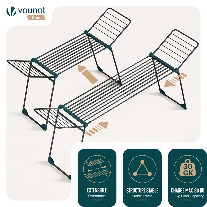 Etendoir a linge telescopique pliable extensible ailes hautes 284x55x122cm metal noir