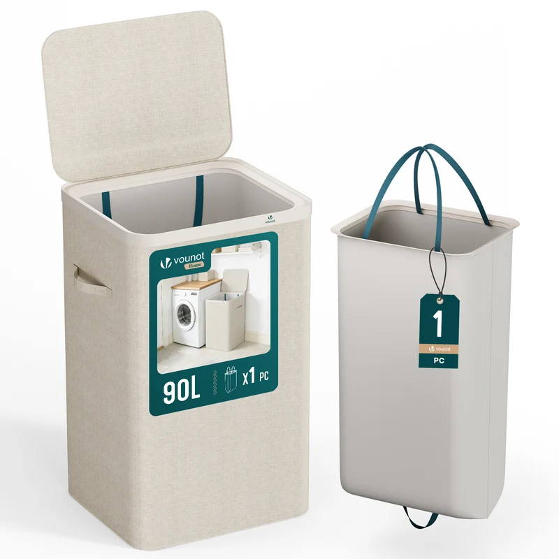 Panier a linge 1 compartiment et sac amovible auto ajustant avec couvercle 90L Beige
