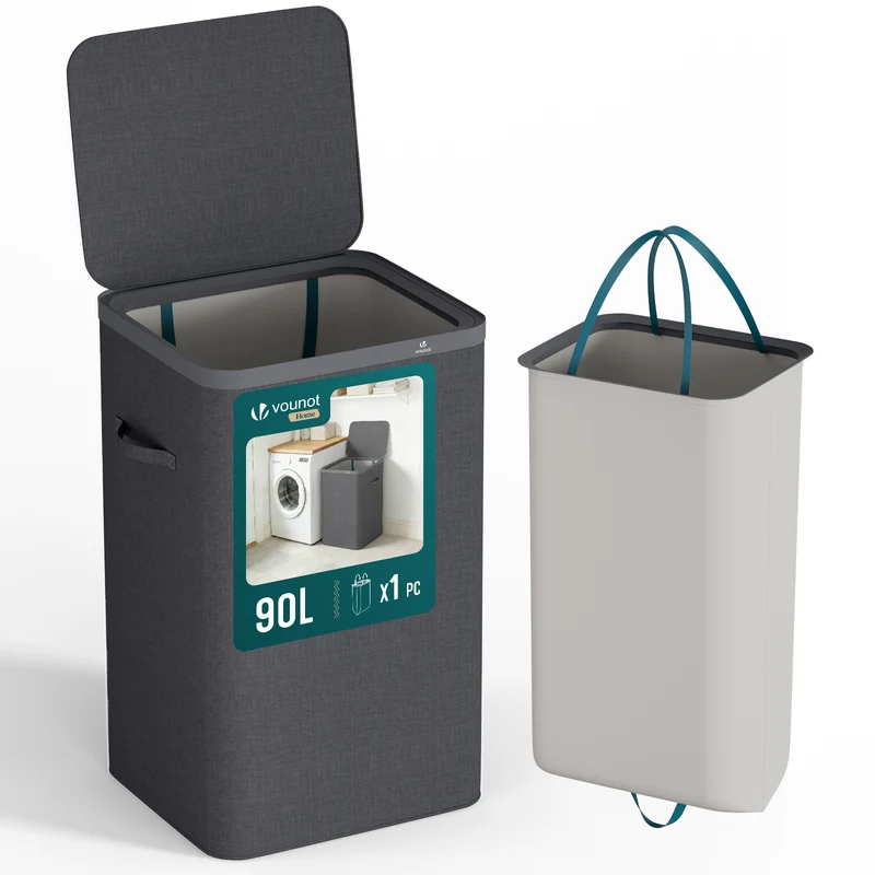 Panier a linge 1 compartiment et sac amovible auto ajustant avec couvercle 90L Anthracite