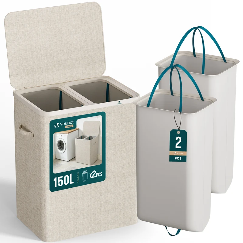 Panier a linge 2 compartiments et sacs amovibles auto ajustant avec couvercle 150L Beige