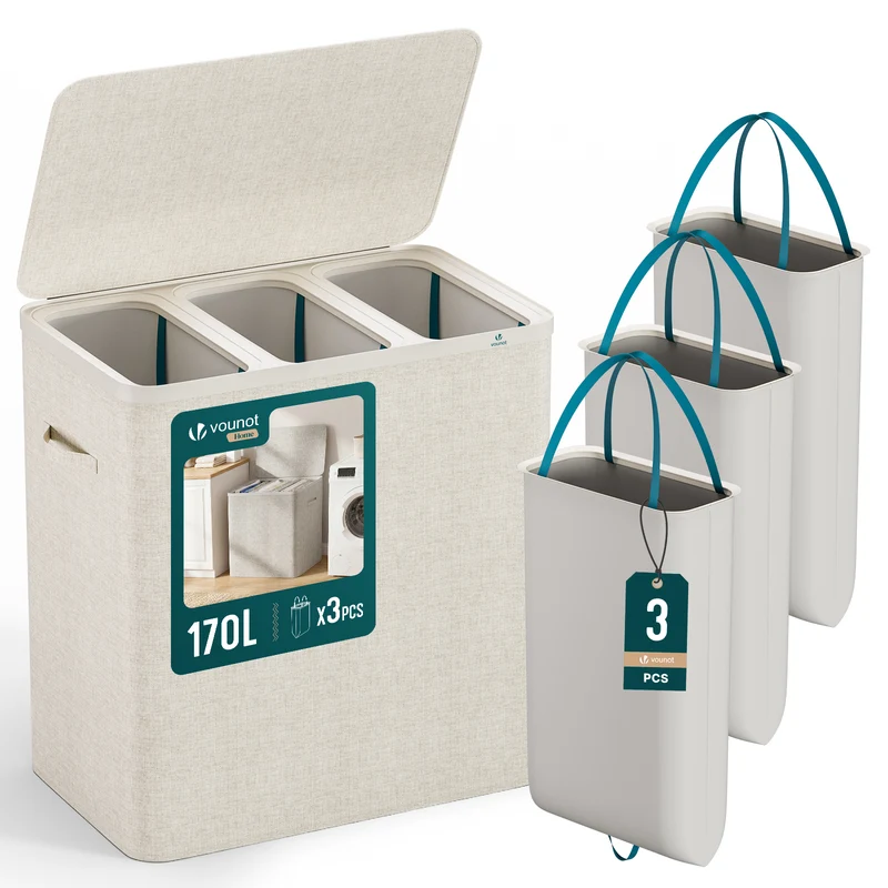 Panier a linge 3 compartiments et sacs amovibles auto ajustant avec couvercle 170L Beige