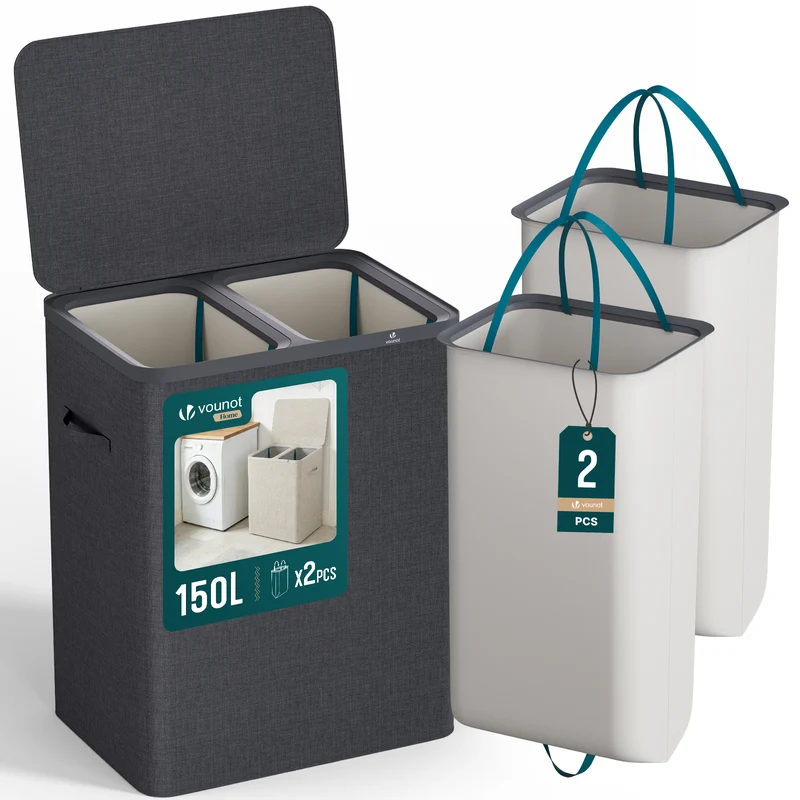 Panier a linge 2 compartiments et sacs amovibles auto ajustant avec couvercle 150L Anthracite