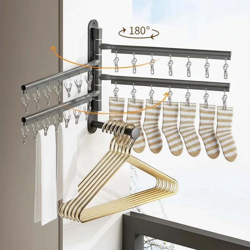 Étendoir à linge mural rabattable aluminium avec pinces