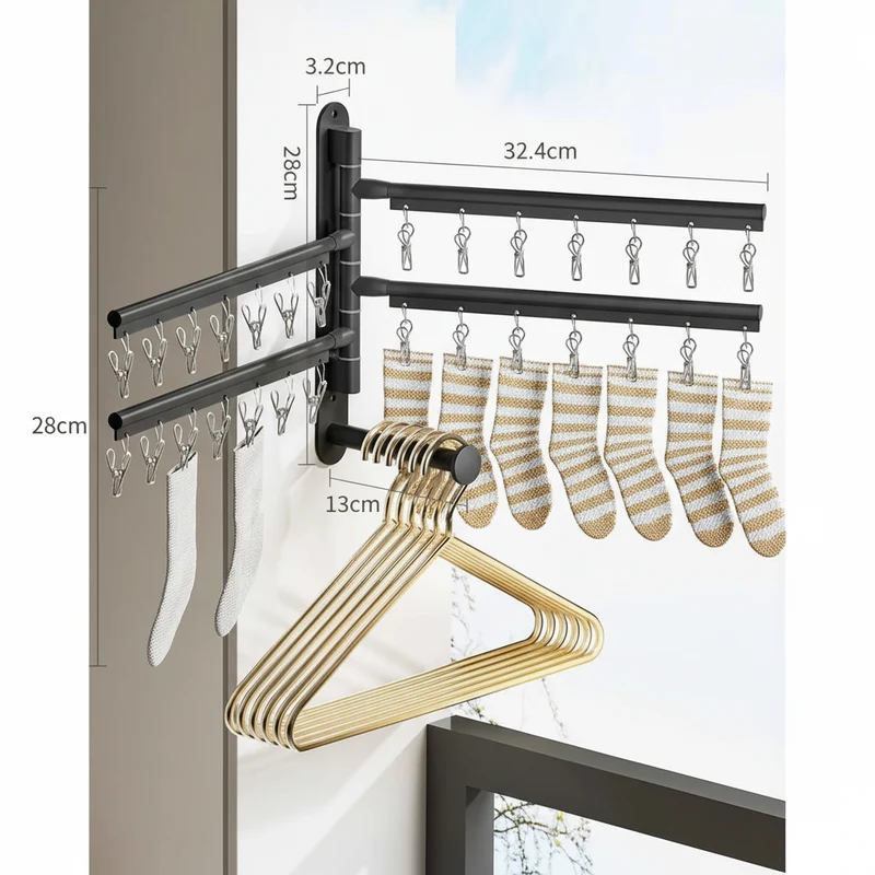 Étendoir à linge mural rabattable aluminium avec pinces