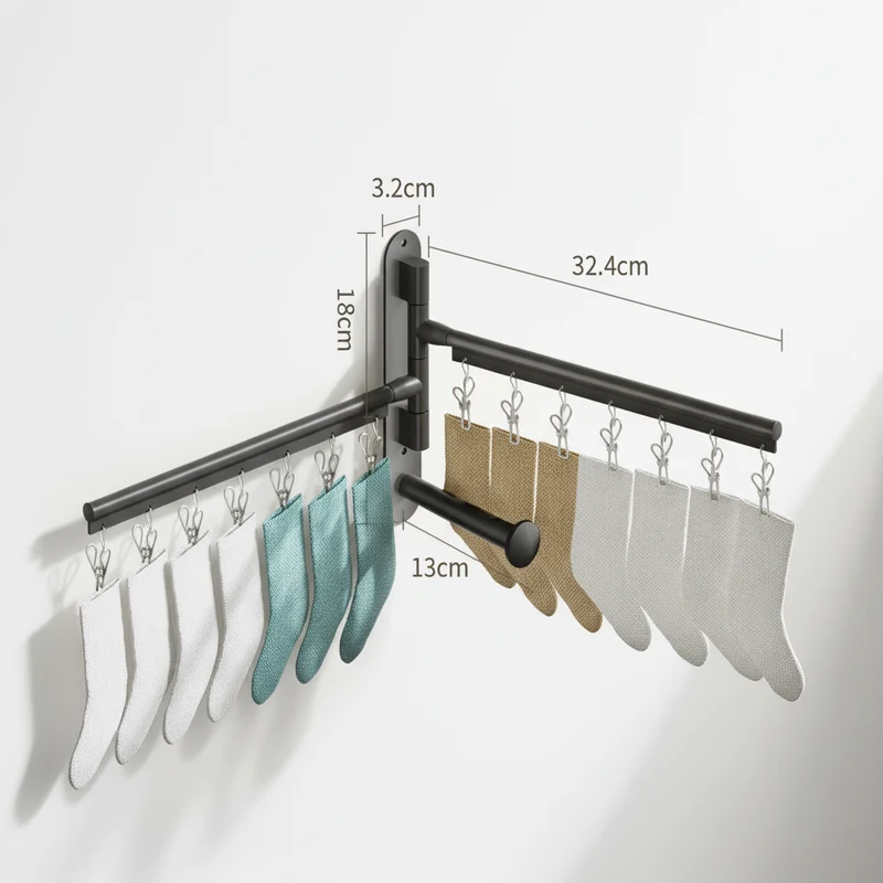 Étendoir à linge mural rabattable aluminium avec pinces