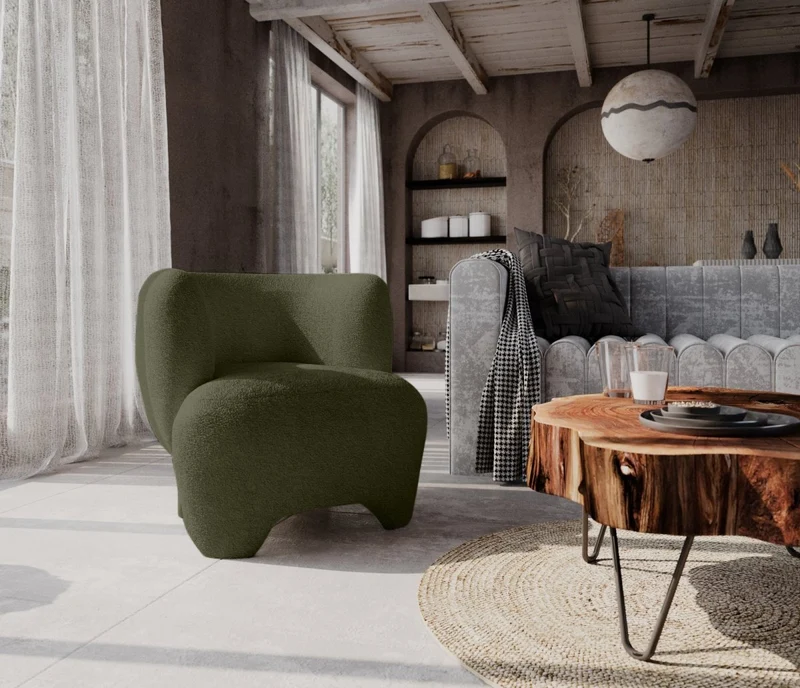 NOA - Fauteuil en laine boucl e vert kaki