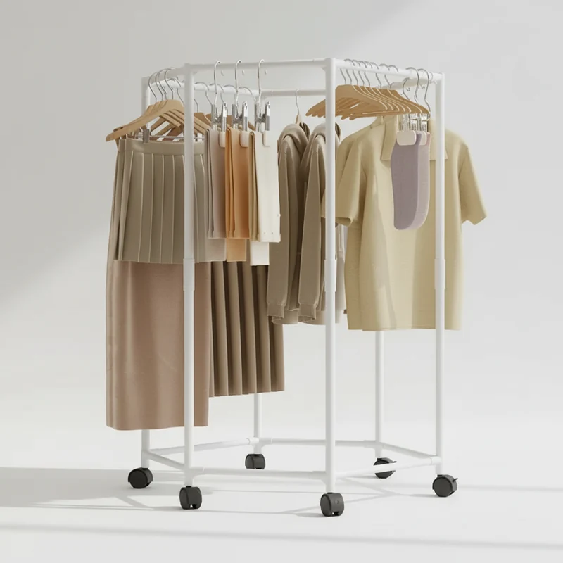 Étendoir à linge intérieur hexagonal rotatif à roulettes