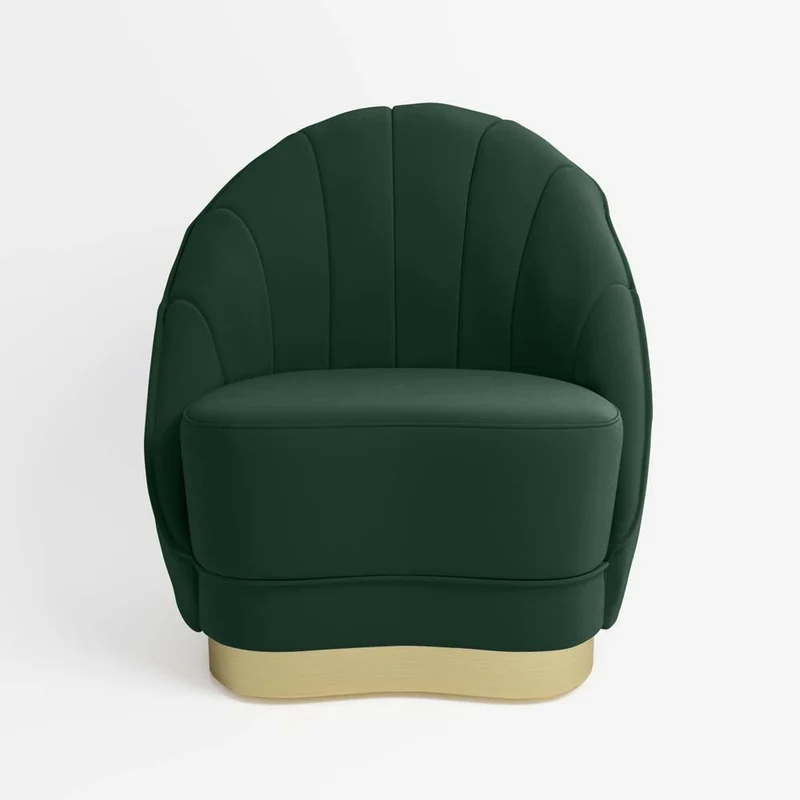 Fauteuil en velours vert sapin, base cerclage dor effet laiton
