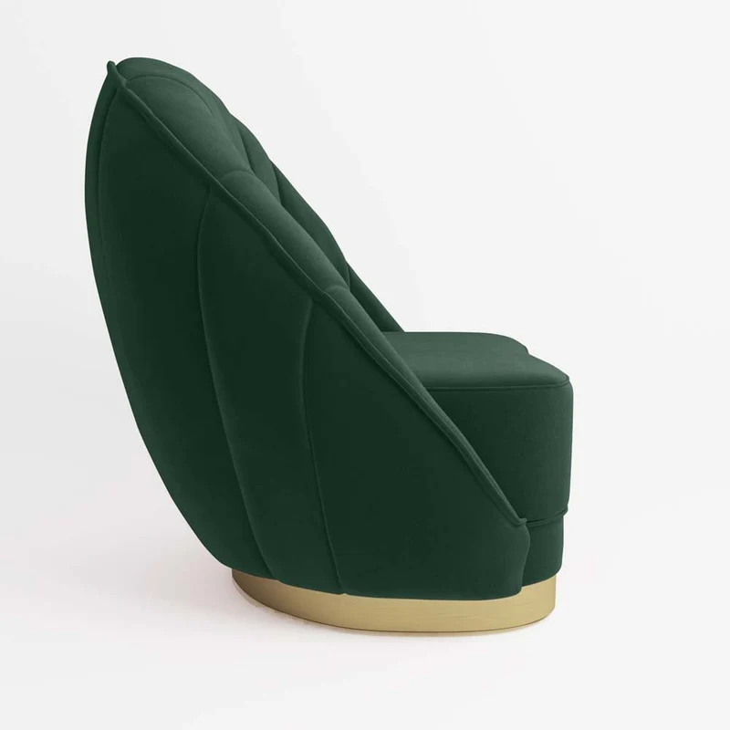 Fauteuil en velours vert sapin, base cerclage dor effet laiton