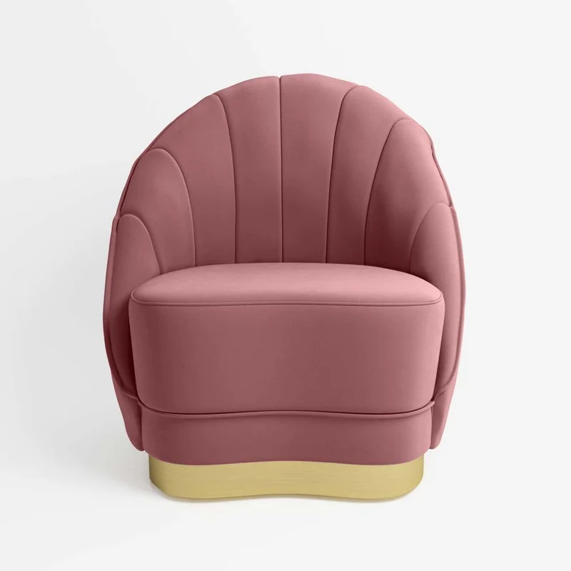 Fauteuil en velours rose vintage, base cerclage dor effet laiton