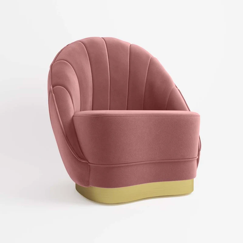 Fauteuil en velours rose vintage, base cerclage dor effet laiton