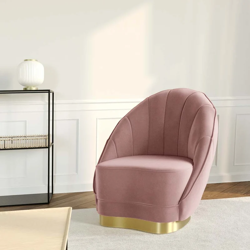 Fauteuil en velours rose vintage, base cerclage dor effet laiton