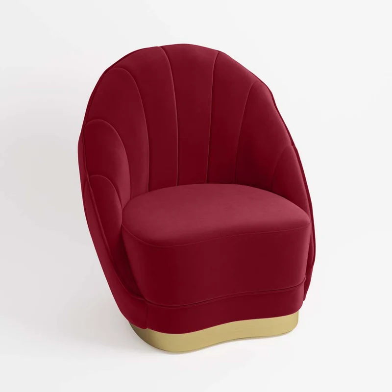 Fauteuil en velours bordeaux, base cerclage dor effet laiton