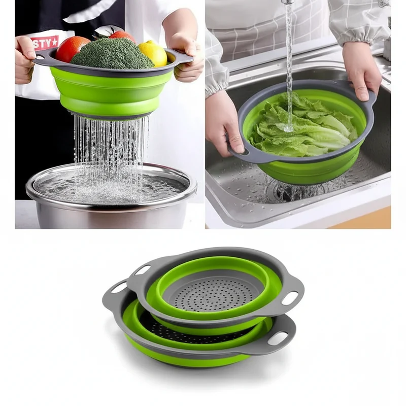 Silicone vegetable and fruit cleaning and drainage basket foldable colander