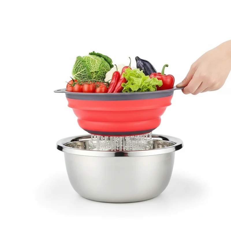 Silicone vegetable and fruit cleaning and drainage basket foldable colander