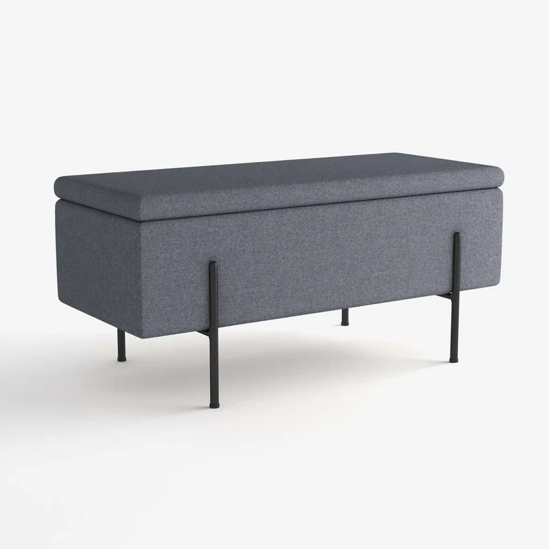 Banquette-coffre gris fonc en bois, m tal et tissu