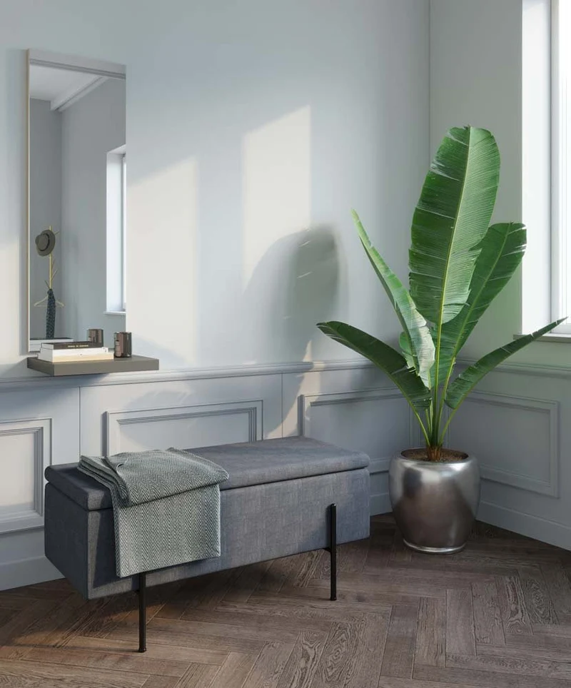 Banquette-coffre gris fonc en bois, m tal et tissu
