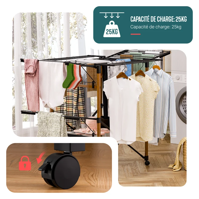 Etendoir a linge deluxe pliable grande capacite 173x94x123cm style bois noir
