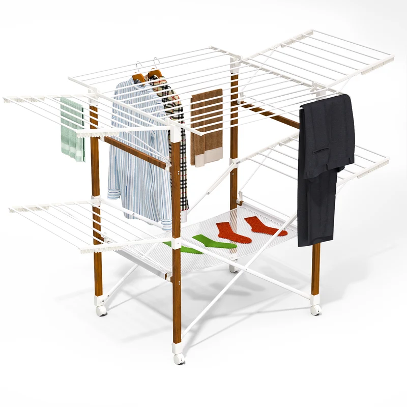 Etendoir a linge deluxe pliable grande capacite 173x94x123cm style bois blanc