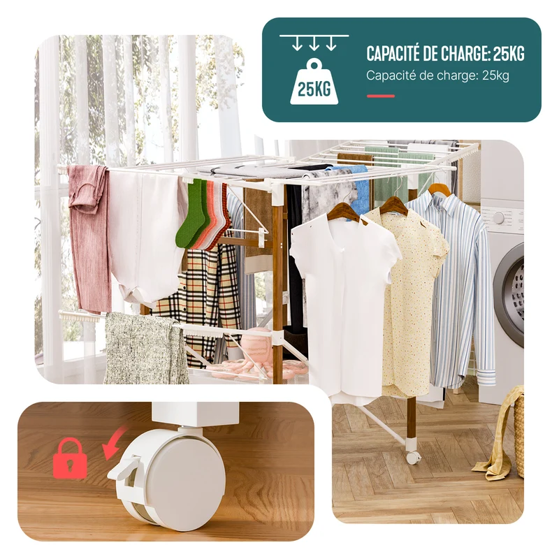 Etendoir a linge deluxe pliable grande capacite 173x94x123cm style bois blanc