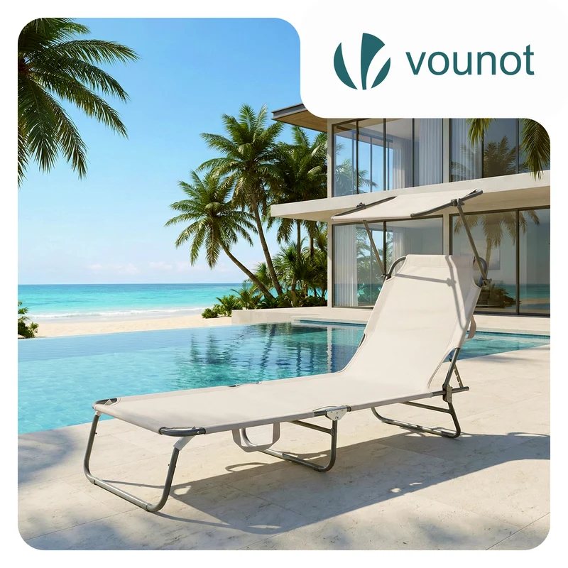 Chaise longue pliante avec pare soleil beige