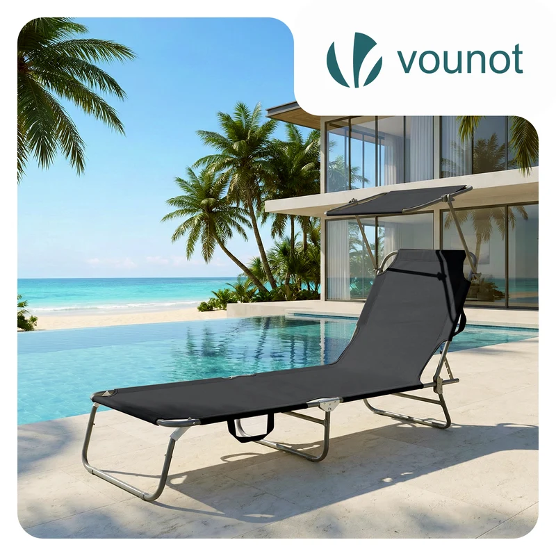 Chaise longue pliante avec pare soleil noir