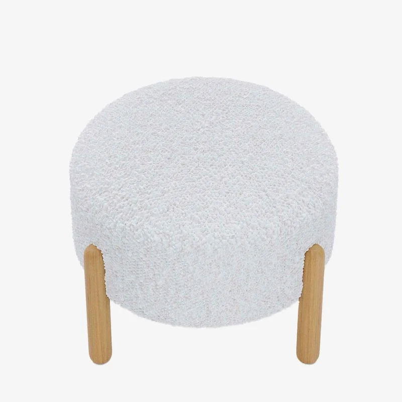 Pouf laine boucl e blanche & bois Cam lia