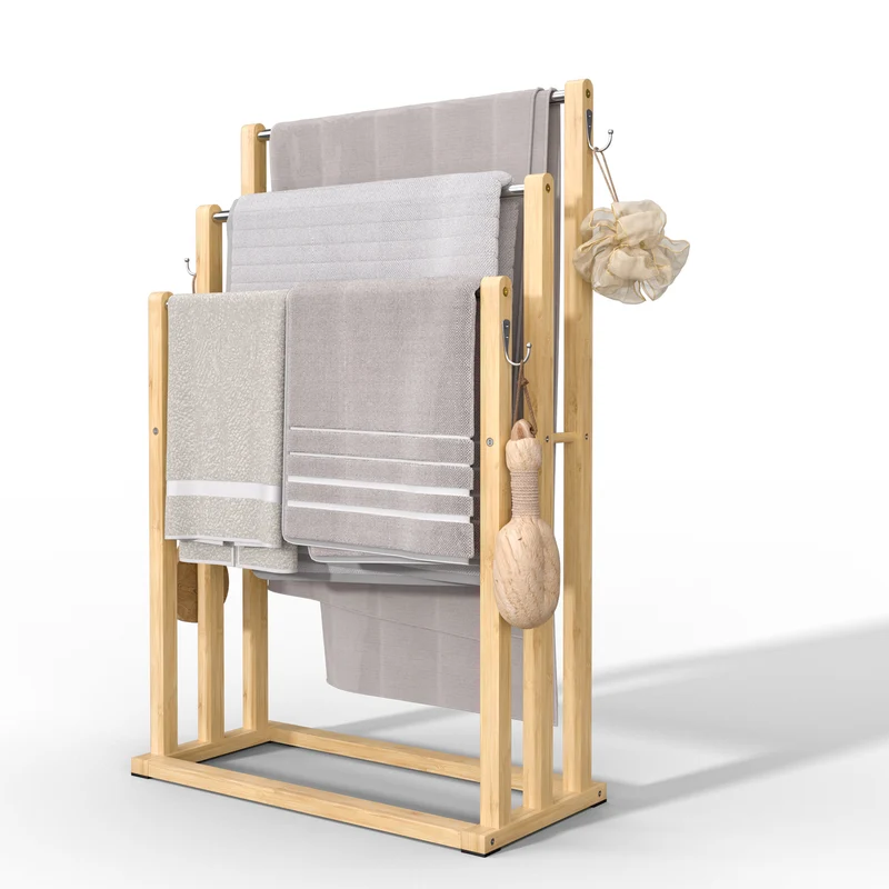 Porte serviettes sur pied en bambou 3 niveaux
