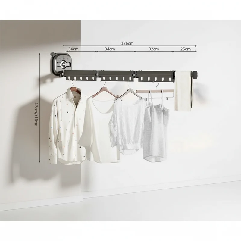 Étendoir à linge mural rétractable aluminium sans perçage