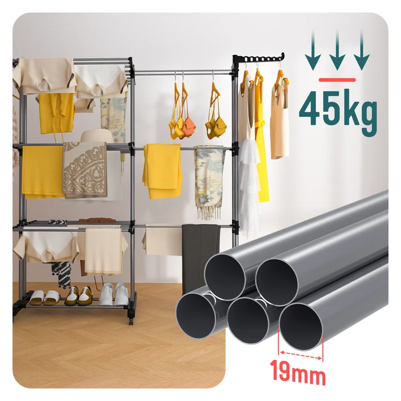 Sechoir a linge etendoir extensible 4 Niveaux 190x64x170cm noir-gris