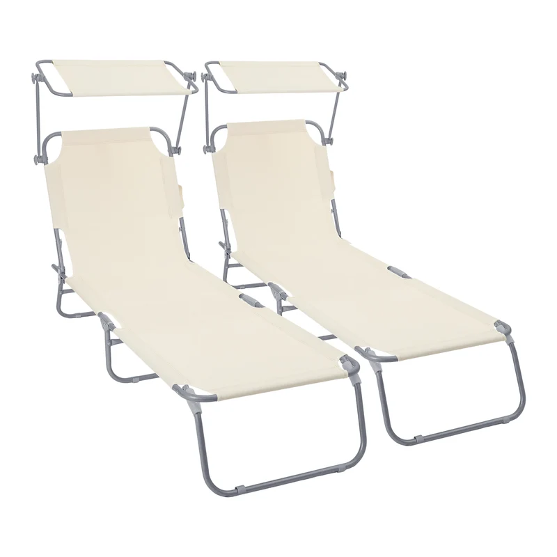 Lot de 2 chaise longue pliante avec pare soleil beige