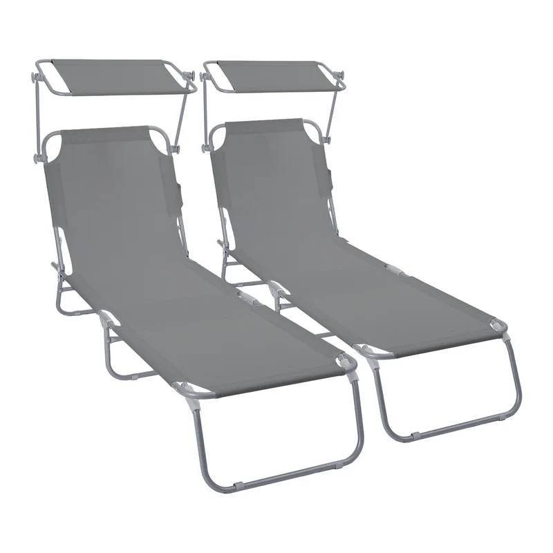 Lot de 2 chaise longue pliante avec pare soleil gris