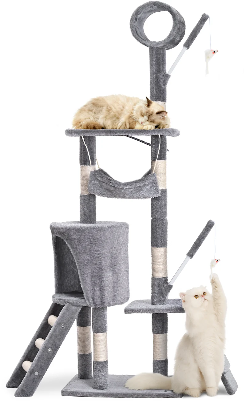 Arbre a chat 155cm multi niveaux Griffoir et niche Gris