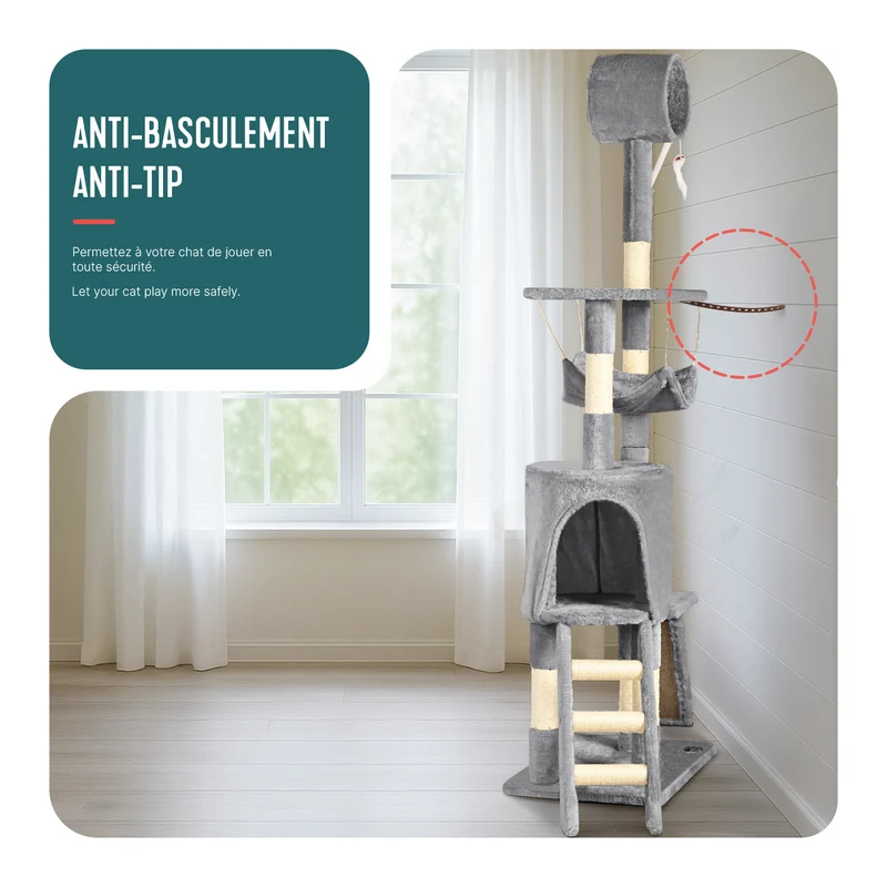 Arbre a chat 155cm multi niveaux Griffoir et niche Gris