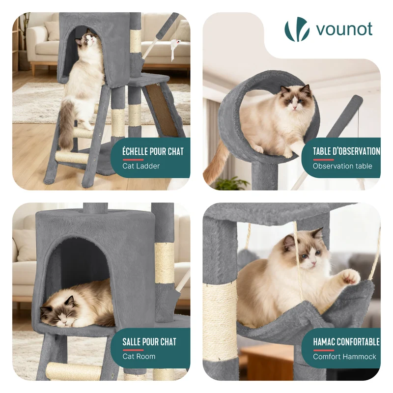 Arbre a chat 155cm multi niveaux Griffoir et niche Gris