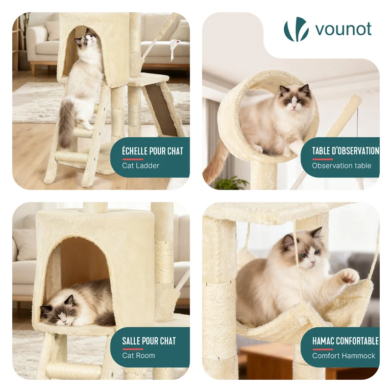 Arbre a chat 155cm multi niveaux Griffoir et niche Beige