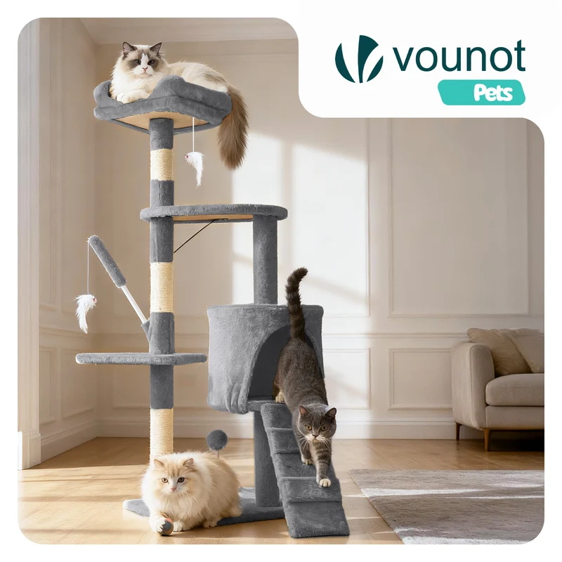 Arbre a chat 112cm multi niveaux Griffoir et niche Gris