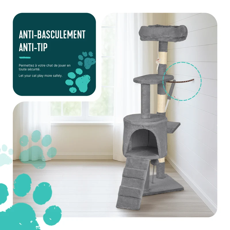Arbre a chat 112cm multi niveaux Griffoir et niche Gris